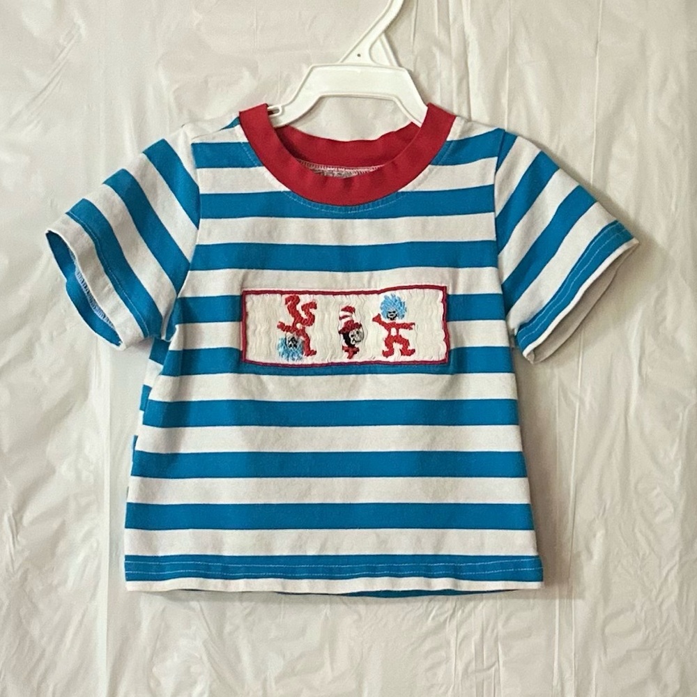 Blue & White Striped Kids T-Shirt with Red Trim